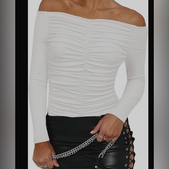 Darong Womens Off The Shoulder Long Sleeve Ruched Bodysuit Tops T Shirt Jumpsuit - Picture 2 of 8